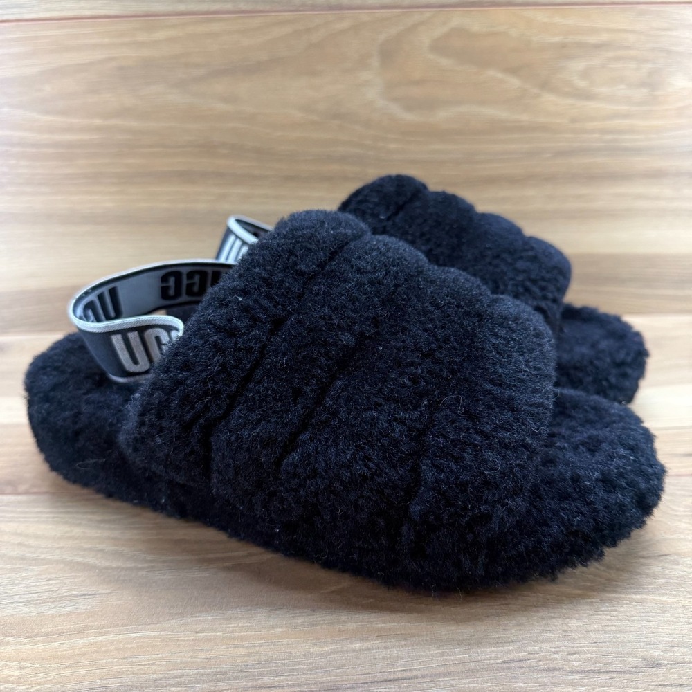 UGG‎ Womens Slippers Size 8 Black Fluff Yeah Shearling Fur Slingback